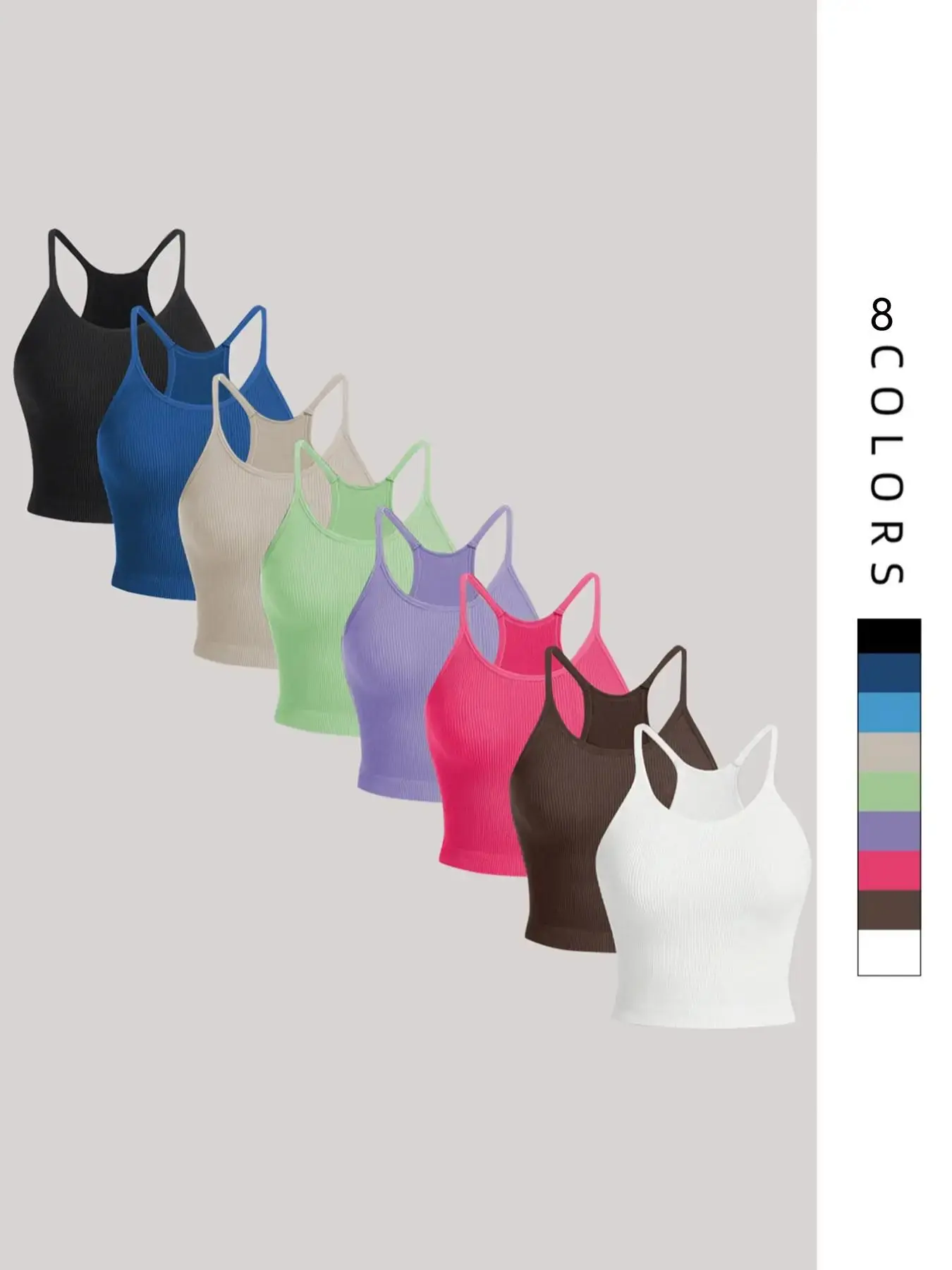 Women's 8pcs Solid Spaghetti Strap Sports Vest, Breathable Comfortable High Stretch Ribbed Knit Camisole For Yoga Running Gym Workout, Ladies Sportswear For All Seasons