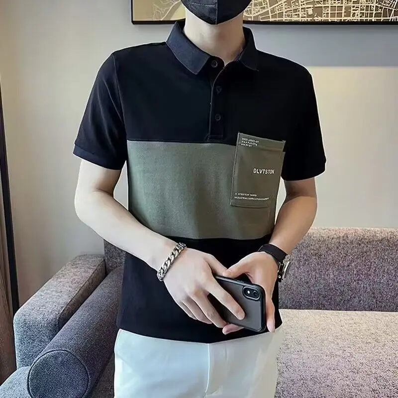 Áo Polo Nam, ngắn Tay, Dáng Ôm, Cổ Áo bẻ xuống, Tay Lửng Màu Khối, Thiết Kế Túi, Hợp Xu hướng, Phong Cách Mùa Hè, Trang Phục Nam 4
