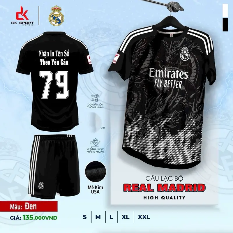 Bộ Quần Áo Bóng Đá Real Đen Khói Vải Mè Kim New 2024 Nhận In Tên Số Top Sport Thun Nam Trang Phục thể thao cao cấp 1