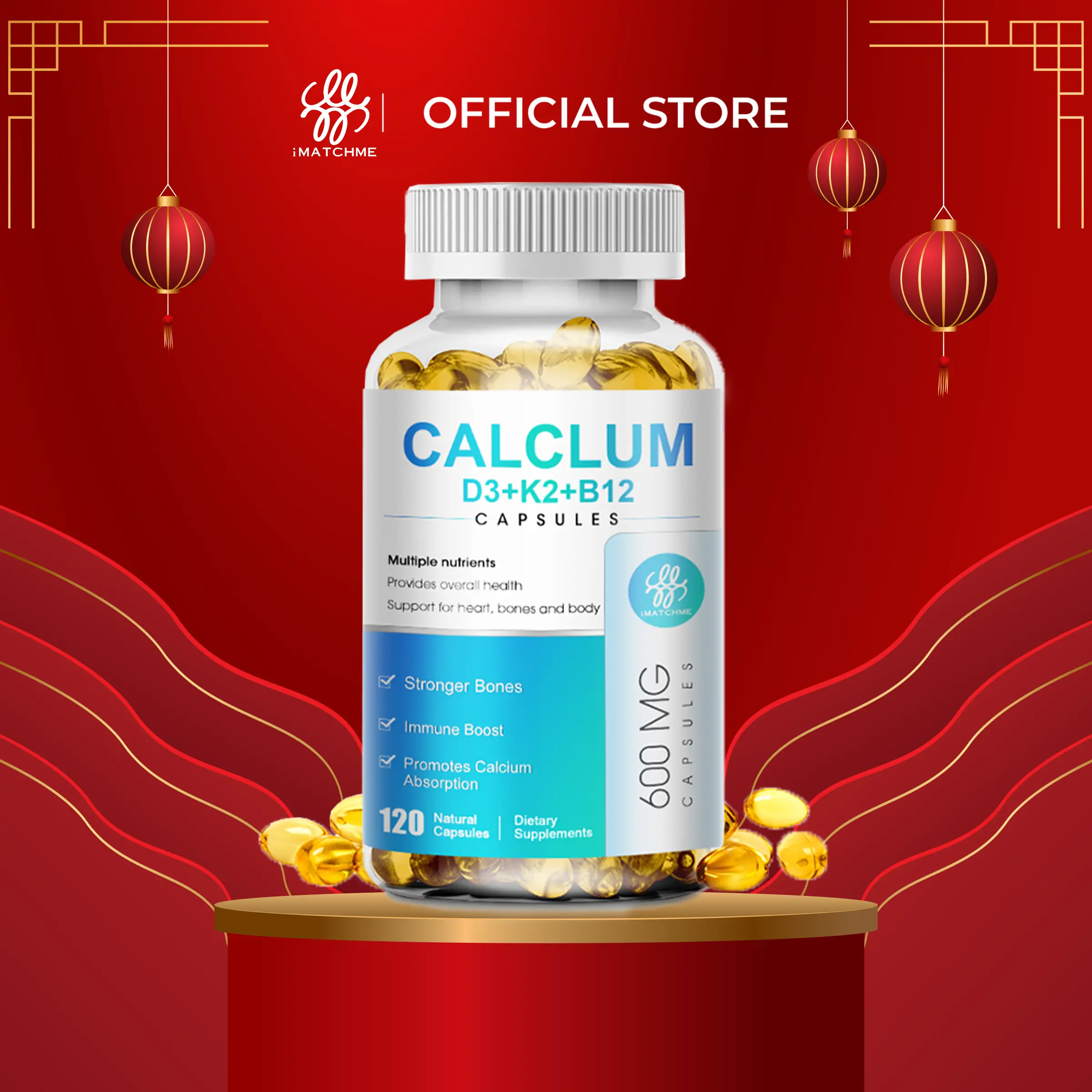 Viên uống canxi 4 trong 1 iMATCHME với Vitamin D3, K2 và B12, hỗ trợ sức khỏe xương, tim mạch và hệ miễn dịch. Đây là sản phẩm bổ sung, không thay thế thuốc chữa bệnh