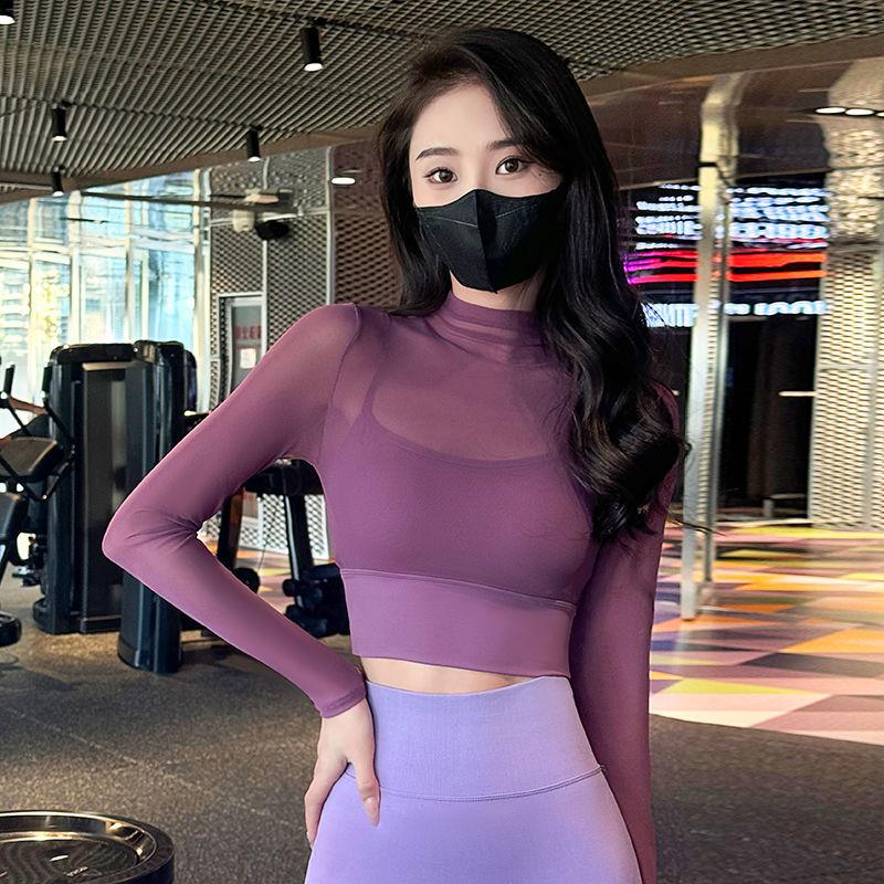Product Introduction of Yoga Long Sleeve T-shirt Women's Mesh Yarn False Two Pieces Top with Chest Pad for Foreign Trade Southeast Asia, America Style 11