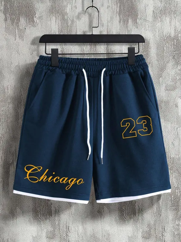 【Plus Size】 Men's Letter Print Drawstring Waist Shorts, Regular Fit Casual Fashion Shorts for Outdoor Daily Wear, Men's Bottoms for Summer 2