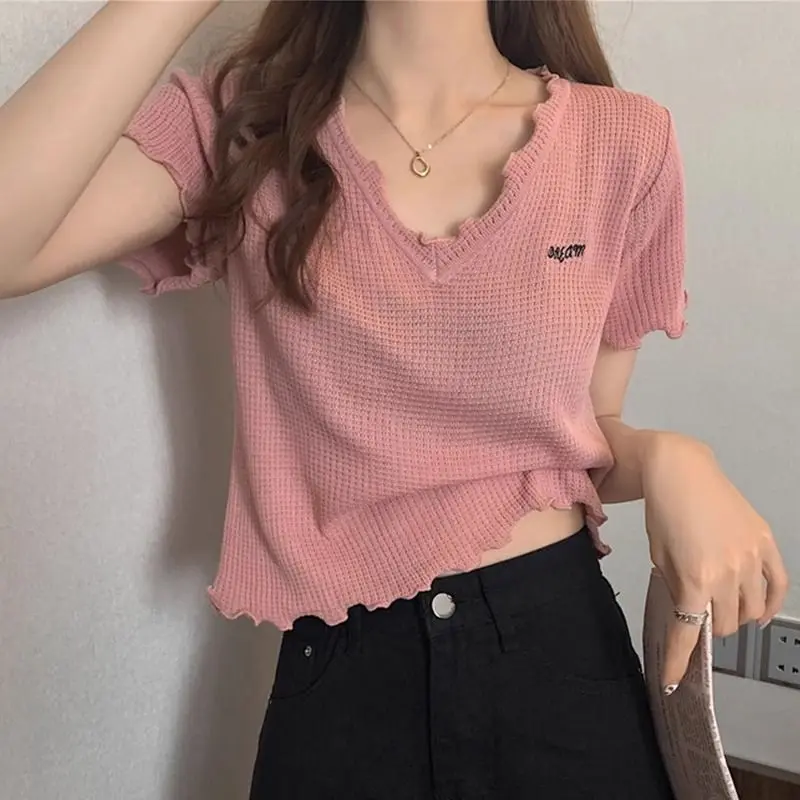 Áo Thun ngắn Tay Lụa Lạnh Thời Trang 2024, Dành Cho Trang Phục Mùa Hè Của Phụ Nữ, Thoải Mái, Che Bụng, Mỏng, Vải Lụa Dệt Kim, Cổ Chữ V, Dễ Phối Đồ, Áo Ngắn Women Top Shirt Sơ Mi Shirt Sơ Mi Cổ Tròn Tay Loe Cổ Tròn Tay Loe Lolita