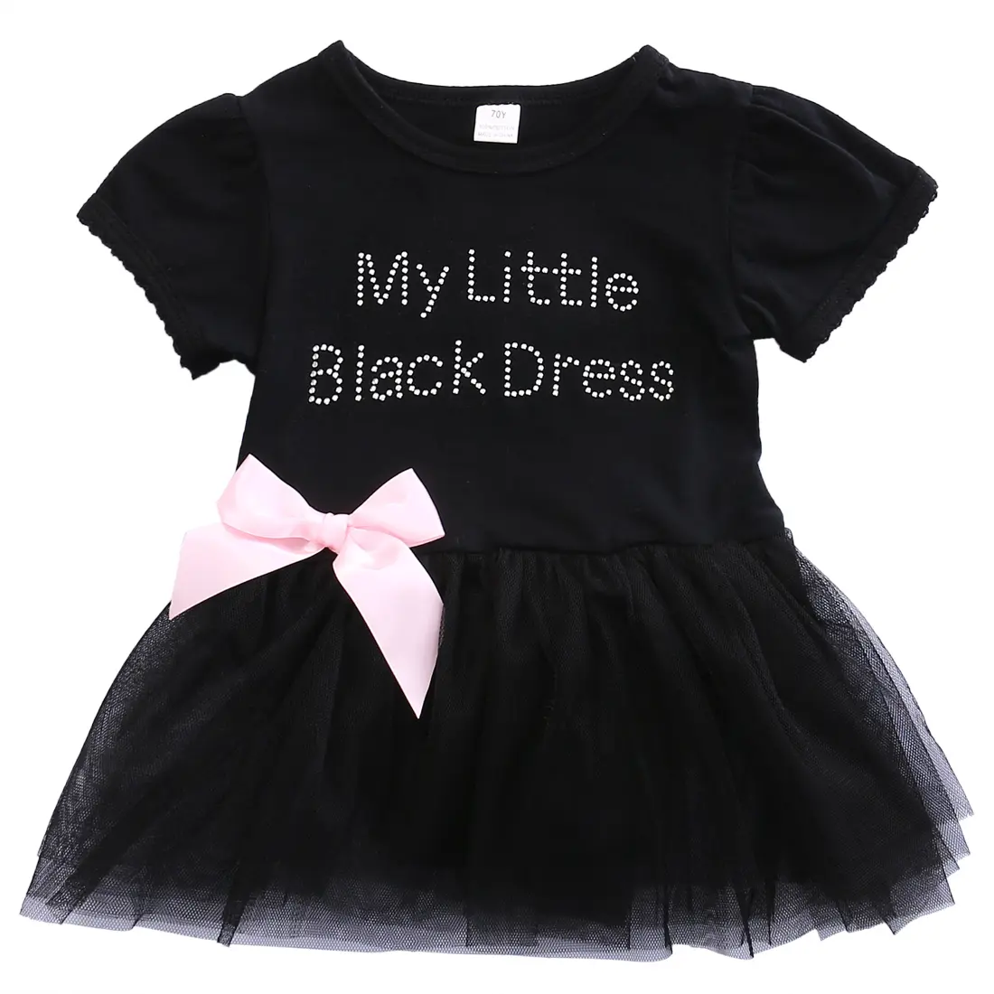Baby Girl Dress My Little Black Dress 6M 12M 18M 24M Letter Print Short Sleeve Mesh Stitching Bowknot Princess Gown Romper