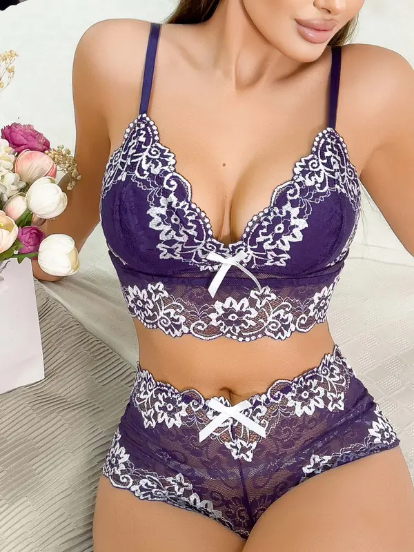 Women's Floral Lace Push Up Bra & Panty Two-Piece Set, Sexy Comfortable Breathable Lingerie Set for Daily Wear, Women's Underwear Set for All Seasons lace  pajamas 1