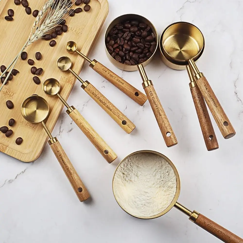 New Stainless Steel Measuring Cups Spoons Wooden Handle Baking Tools Sugar Salt Spice Spoon Bartending Scale Coffee Measuring Spoon