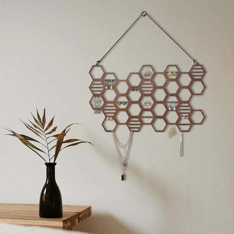 Traditional Wooden Honeycomb Design Jewelry Storage Rack, 1 Count Vintage Earring Display Rack, Jewelry Organizer for Earrings & Necklace 1