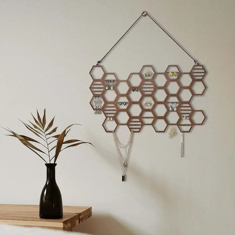 Traditional Wooden Honeycomb Design Jewelry Storage Rack, 1 Count Vintage Earring Display Rack, Jewelry Box, Jewelry Organizer for Earrings & Necklace 1