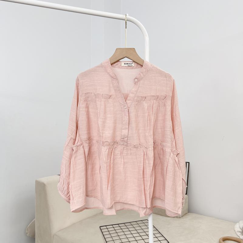 Áo Babydoll Hàn Quốc Tay Lửng Phồng Họa Tiết Bèo Tầng Dễ Thương, Baby Doll Cổ Trụ Xinh Xắn Top Nữ Sơ Mi Cổ Tròn