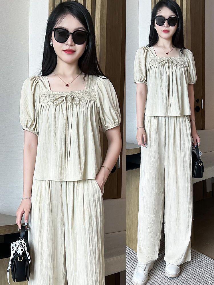 Product Introduction of [Ladies Fashion] plus Size Korean Style Fashion Square Collar Short Sleeve + Wide Leg Pants Casual Two-Piece Suit Women's 2024 Summer New Ins Design Sense 16