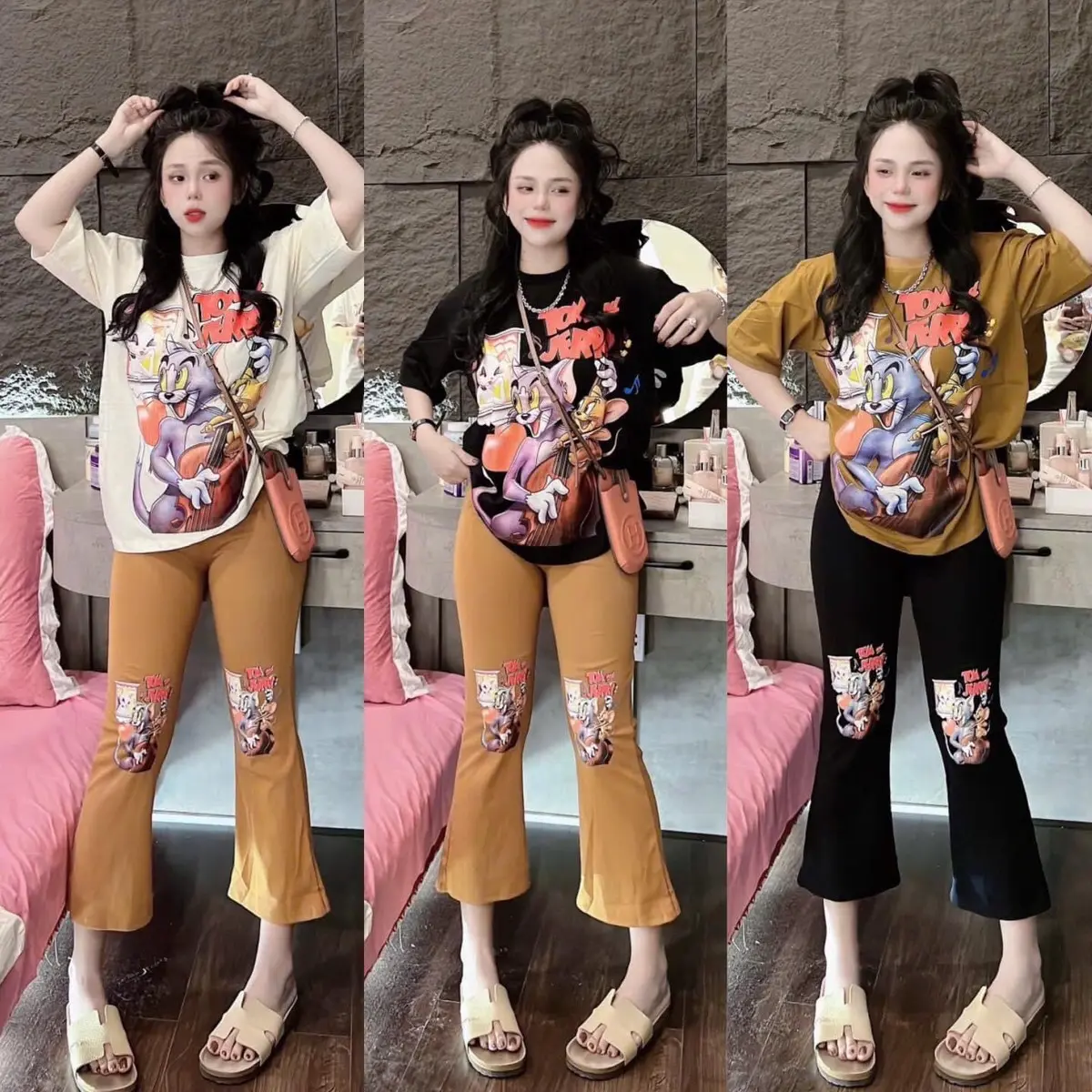 Set áo thun tom jerry quần loe 3 màu
