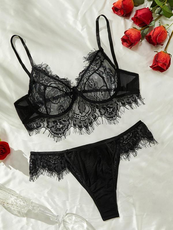 【Plus Size】 Contrast Lace Bra & High Cut Panty, Soft Comfortable Breathable Lingerie Set for Daily Wear, Women's Underwear Set for All Seasons 2