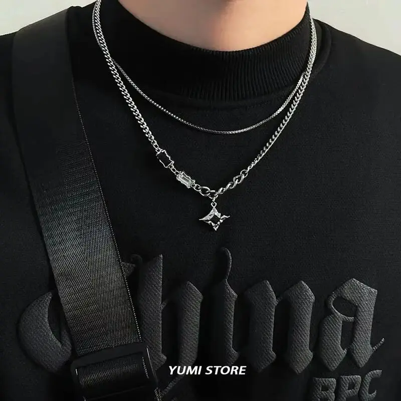 Kalung Dua Lapisan, Gaya Hip Hop, Untuk Lelaki dan Wanita, Pesona Trendi, Loket Keluli Titanium, Barang Kemas Uniseks, Rantai, Borong red  necklace Genshin kalung  peri  bersayap Jewelry