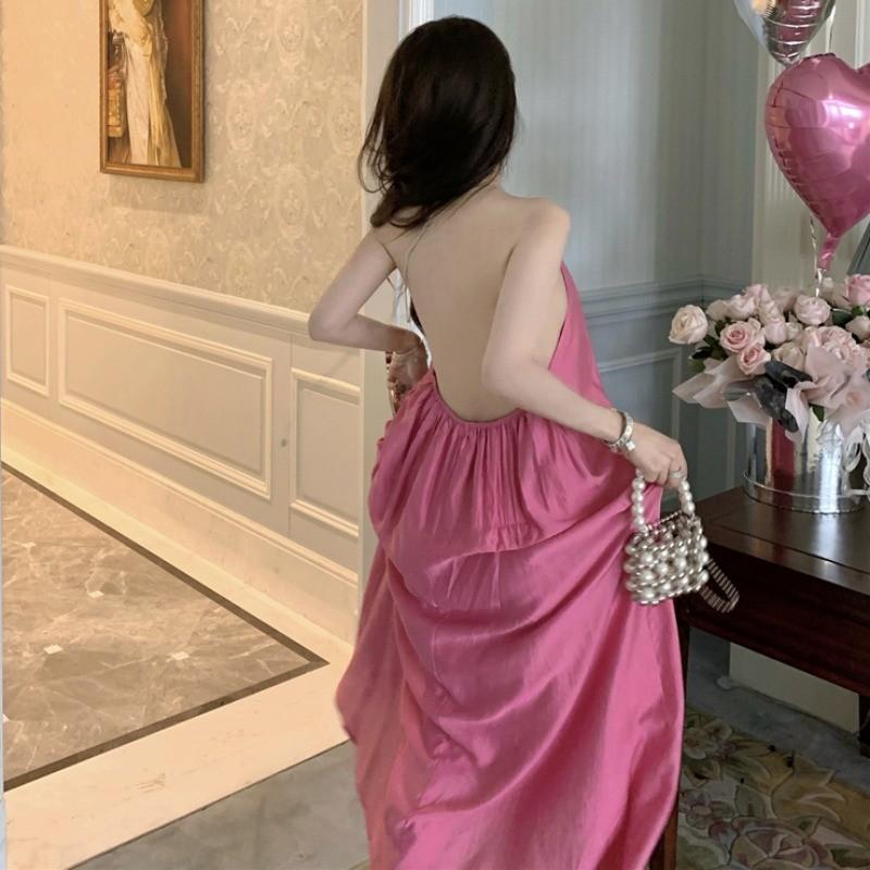 Váy Hai Dây Cổ Yếm Hở Lưng Màu Hồng, Phong Cách Ngày Lễ, Váy Mùa Hè Cho Nữ, Váy Dài, Khí Chất Đẹp, Ins 1