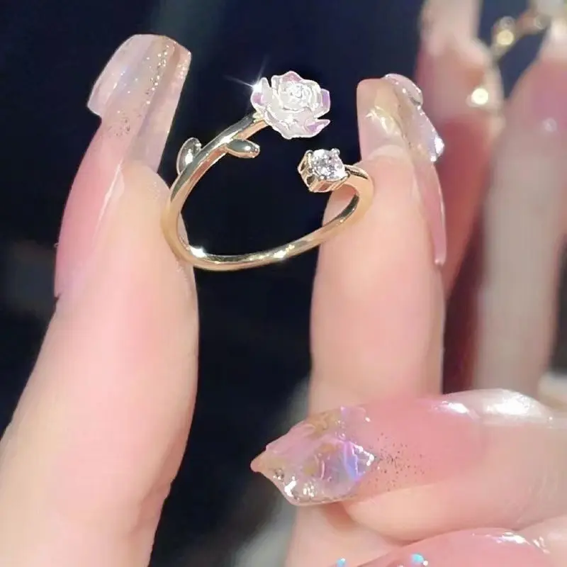Super flash thorn camellia ring for women, sweet flower of the other side, non-fading open index finger ring Christmas gift*2pcs