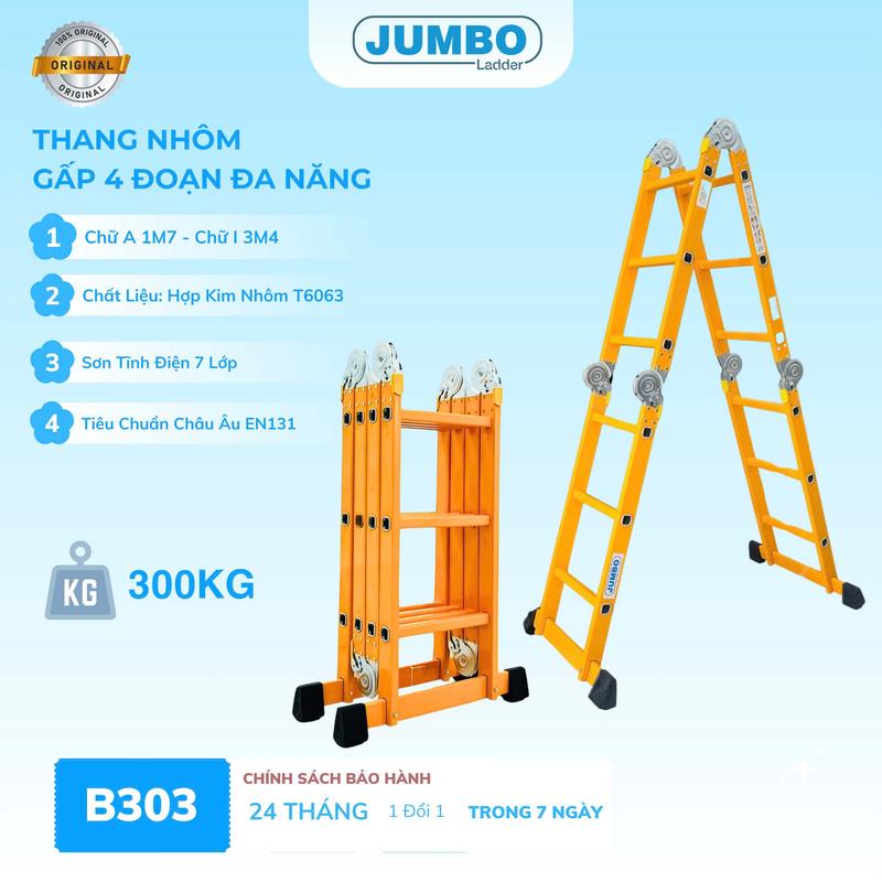 Thang nhôm gấp 4 đoạn JUMBO B303, chữ A cao 1.7m, chữ I cao 3.5m, 14 tư thế sử dụng