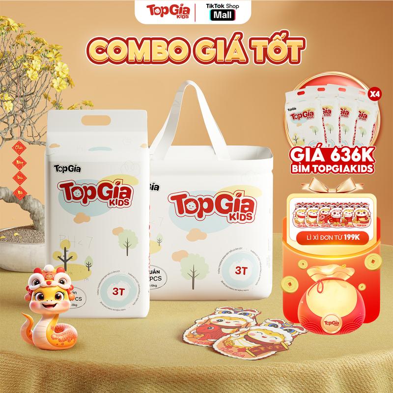 (COMBO GIÁ TỐT) Tã Bỉm Topgiakids pH<7 an toàn cho da bé, mềm mại, mỏng nhẹ, chống tràn tối đa, tặng kèm 5 miếng dùng thử (Bỉm)
