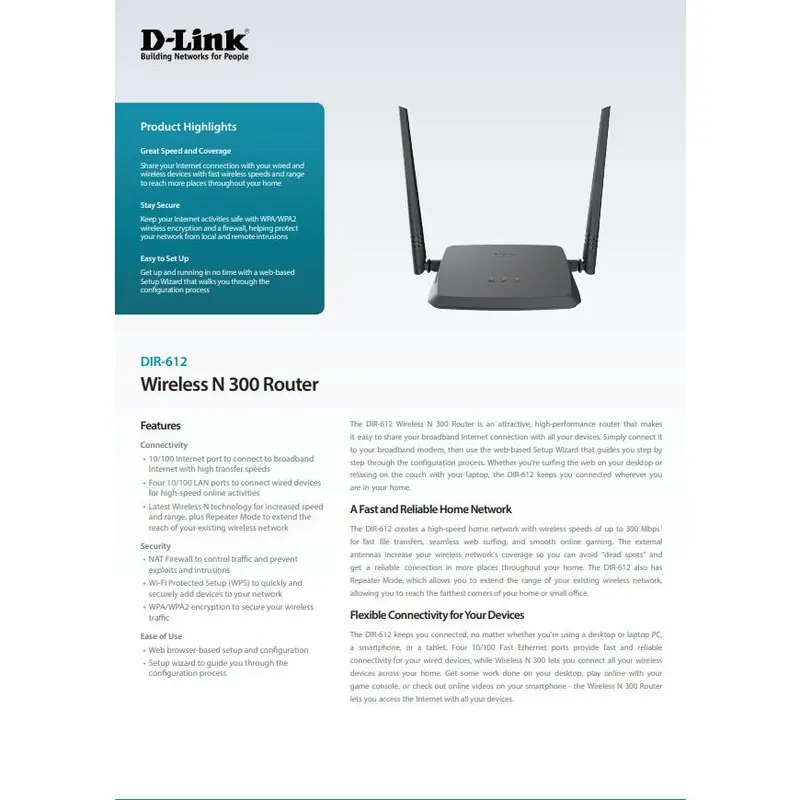 D-Link DIR-612 Wireless N300 Router Single Band 3