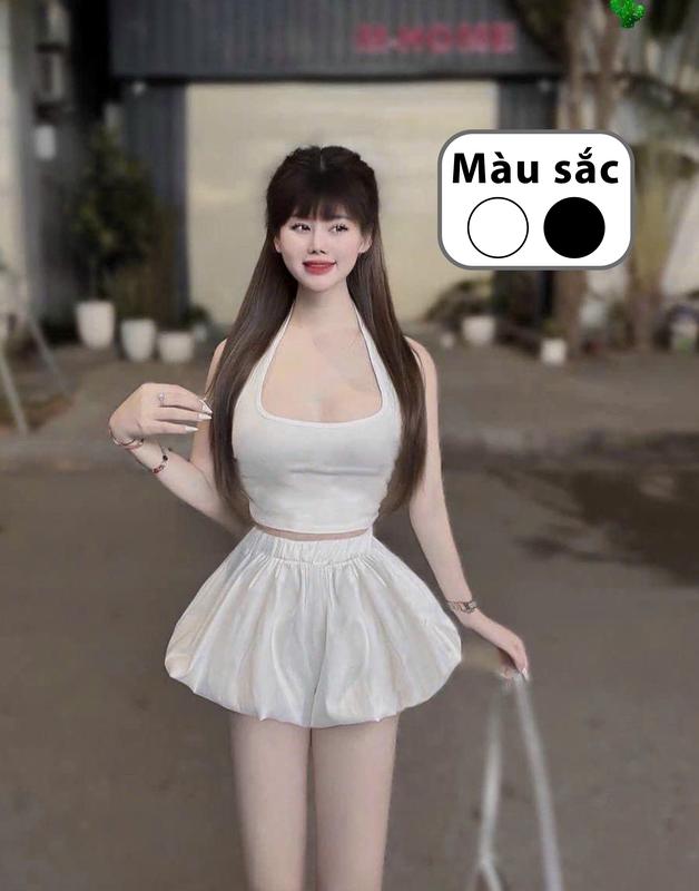 Set bộ áo cổ yếm trơn và quần bí ngô Top Women Nữ Thun đùi