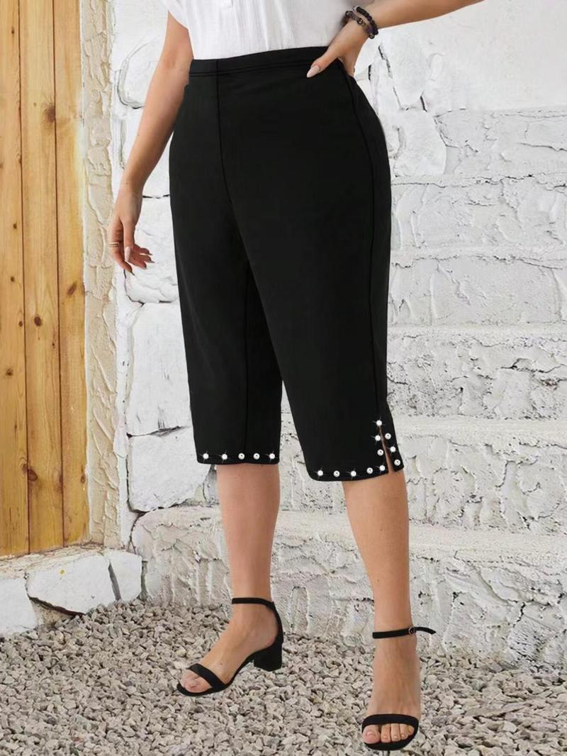 Product Introduction of 【Plus Size】 Rhinestone Decor Capri Pants, Casual Comfy Capri Pants for Summer, Women's Bottoms for Daily Wear 4