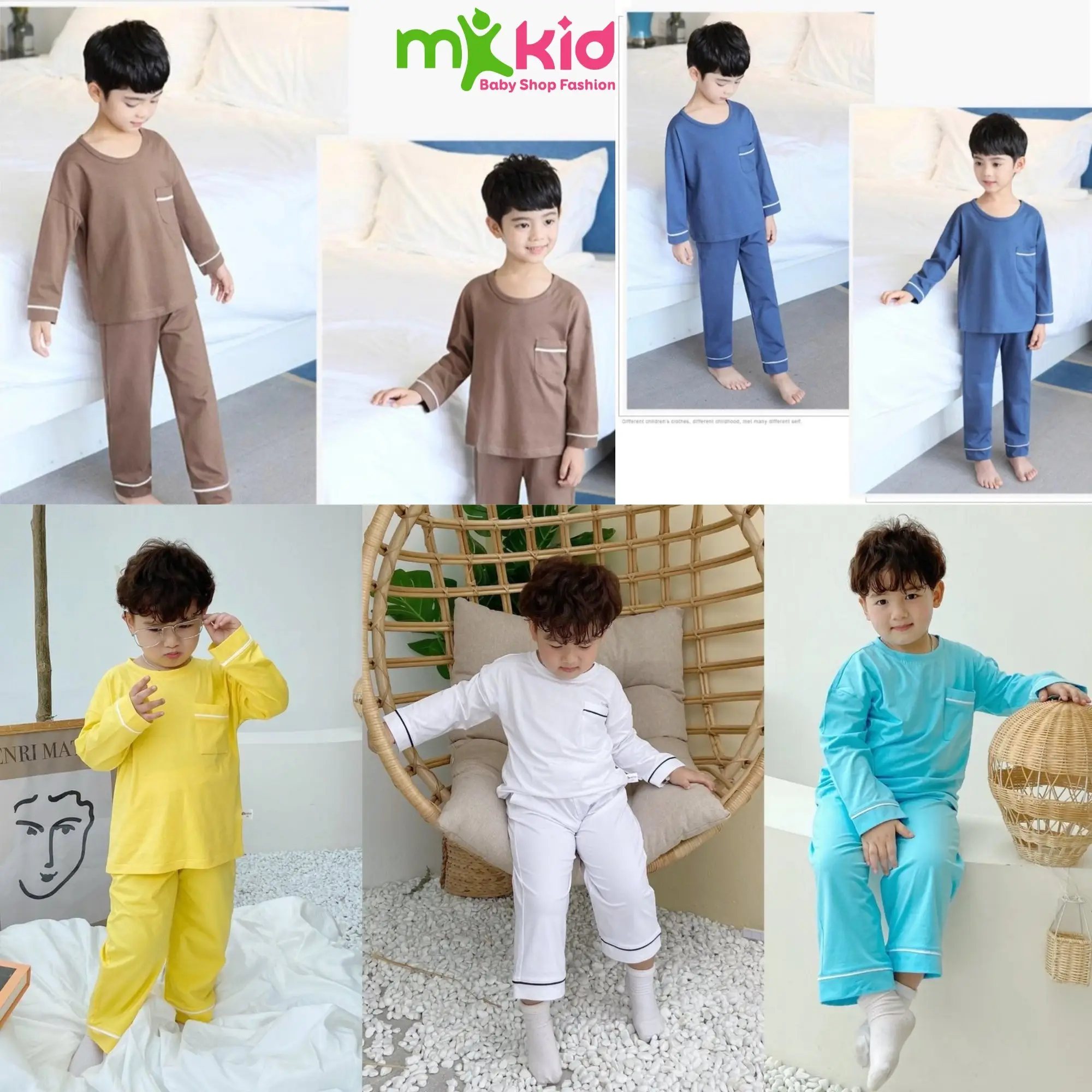 MKKIDSHOP Bộ Đồ Dài Tay Phong Cách Hàn Quốc Cho Bé Trai Bé Gái Size 7-31KG Thun Lạnh Mềm Mát Cho Bé Mặc Nhà Mặc Ngủ Unisex 10 Màu