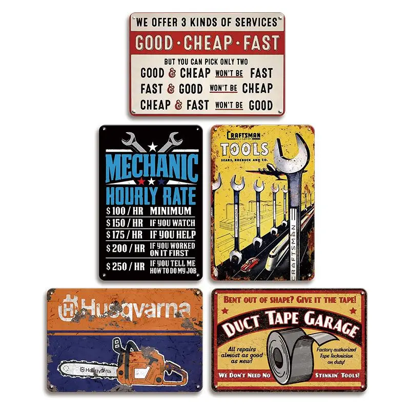 Vintage Metal Tin Sign, 5 Counts/set Duct Tape Garage Sign, Wall Art Decor Plaque for Wall Room Home Workshop, Old Car Shop, Oil Station