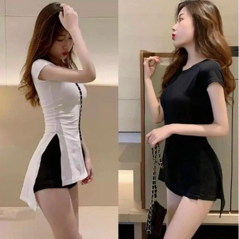  Set bộ nữ áo xẻ tà tay ngắn quần đùi ôm vải tăm lạnh quảng châu mã s12a 