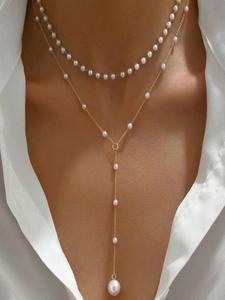 Collar de capas elegante para mujer decorado con perla falsa, estilo boho con colgante para fiesta, decoración diaria, joyería moderna y exquisita combinable con todo para regalo de cumpleaños