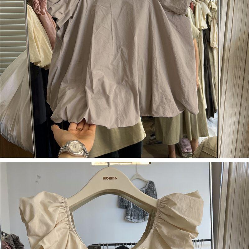 Product Introduction of French Style Flying Sleeve Shirt Female 2024 Summer New Design Sense Small Public Net Red Dew Collarbone Sweet Top Womenswear Blouse Lingerie Lady Comfort Basic Minimalist 7