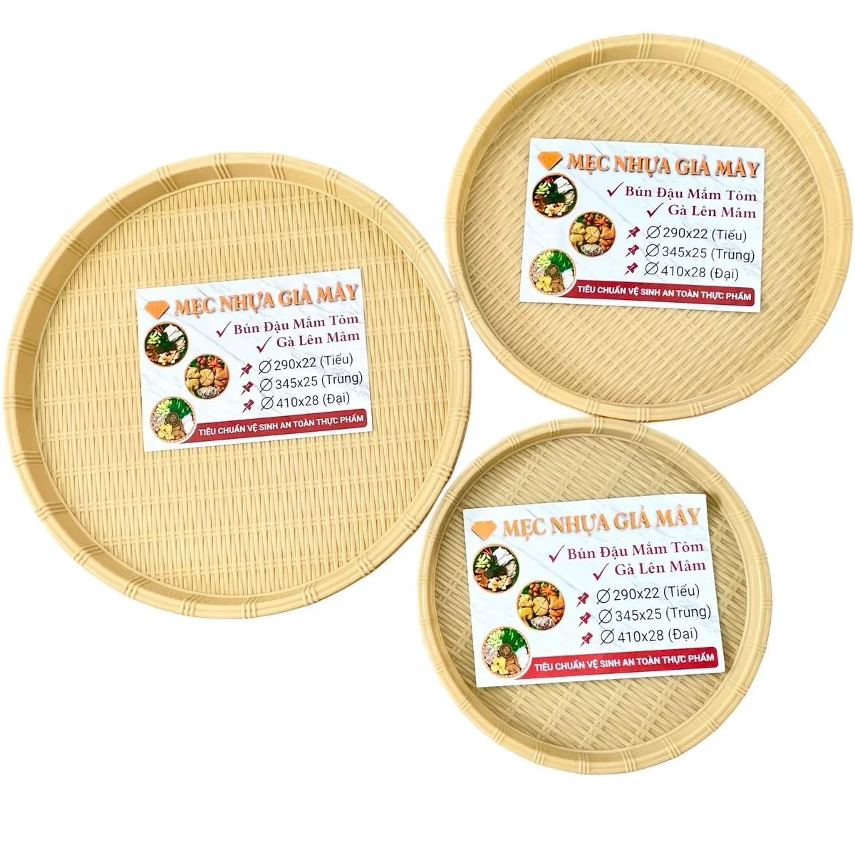 Combo 3 Mẹt nhựa giả mây đựng bún đậu - Khay nhựa tròn màu kem nâu nhẹ. Mẹt bún nhựa giả mây tre đan đựng bún đậu, đồ ăn vặt, mẹt gà