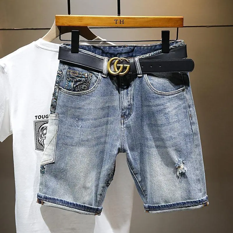 Quần Soóc Denim Mùa Hè, Cao Cấp, Thương Hiệu Hợp Xu Hướng Hàng Châu Âu, Dành Cho Nam Giới, Phong Cách Cổ Điển Chắp Vá, Quần Soóc Ống Đứng Dáng Rộng, Quần Soóc Bermuda, Rách 1