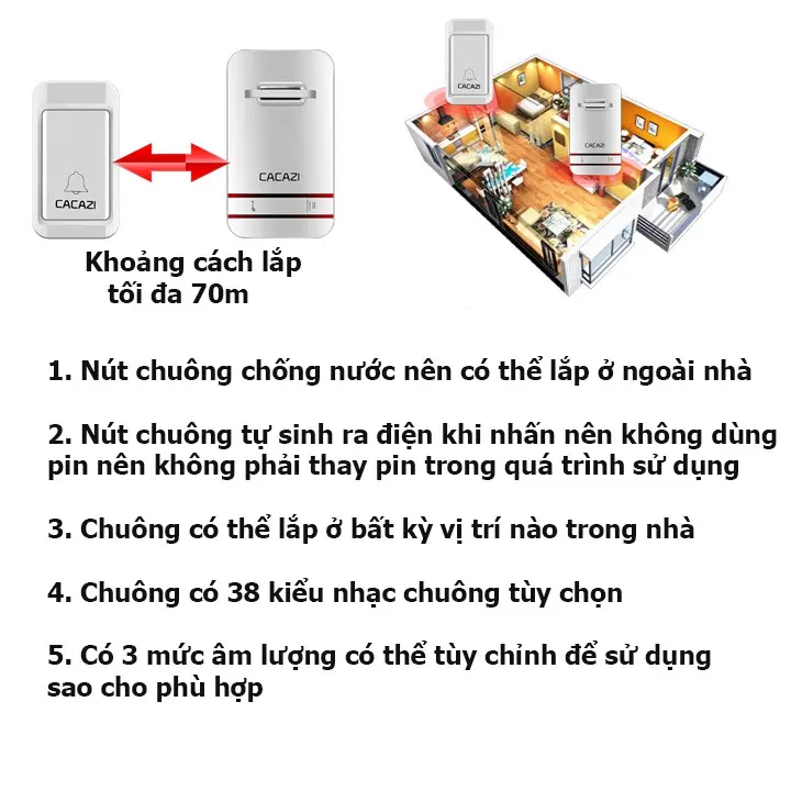 Chuông cửa không dây Cacazi không dùng pin chống nước - 38 kiểu nhạc chuông 5