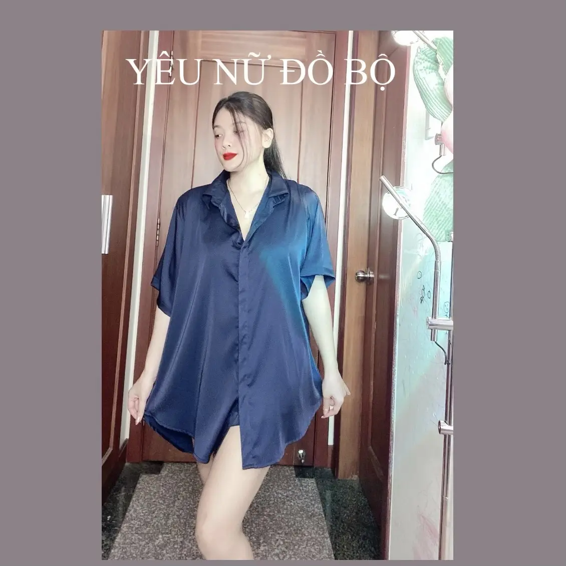 Áo ngủ sơ mi lụa tay ngắn, có kèm quần bên trong, freesize 40-65, cao <m60 mùa hè Kem Nữ Women