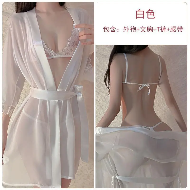 Đồ Ngủ Sexy, Đồ Lót Kimono Ren, Váy Ngủ, Đồng Phục Cám Dỗ, Xuyên Thấu, Quần Áo Màu Đen, Áo Cardigan Nữ