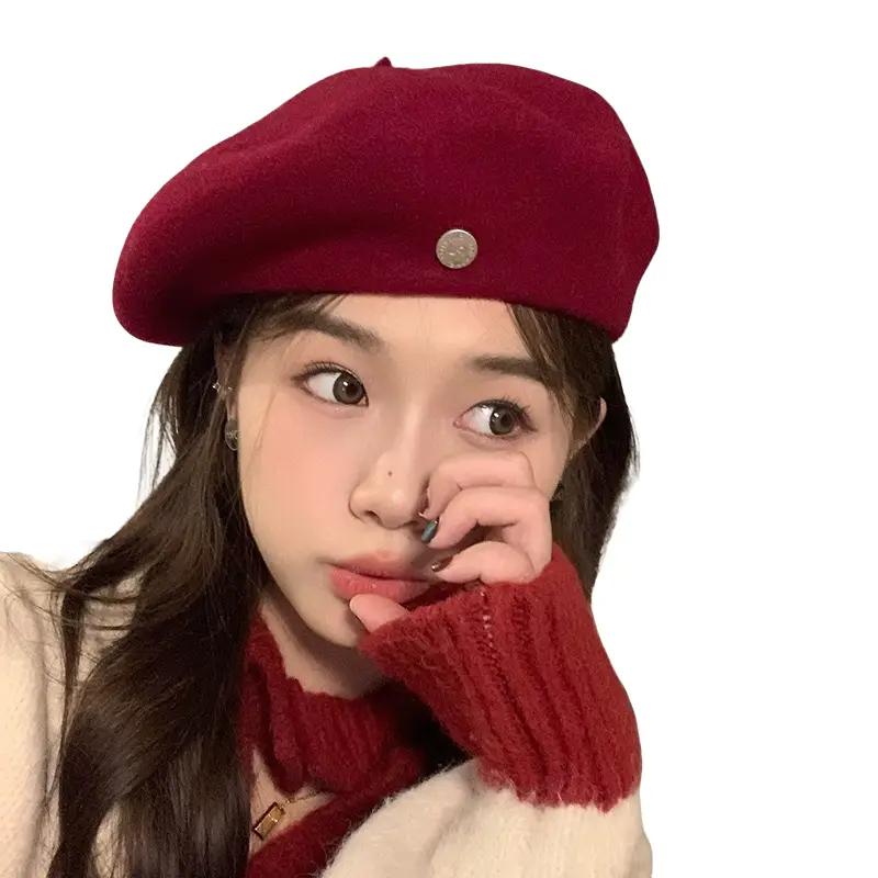 Mũ nồi beret chất liệu dạ ép 7 màu trơn có tag kim loại tròn phong cách hàn quốc Hat Women Nữ