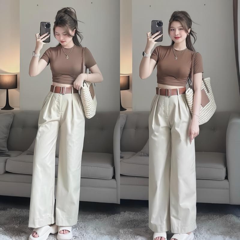 Set đồ nữ áo croptop tăm lạnh mix quần dài ống rộng kèm thoắt lưng sang chảnh dành cho các nàng diện đi chơi. Kaki Women