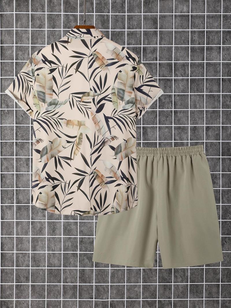 Product Introduction of Men's Tropical Print Button Front Shirt & Drawstring Waist Shorts Set, Regular Fit Casual Short Sleeve Collared Top & Pocket Shorts, Men's Summer Outfits 2