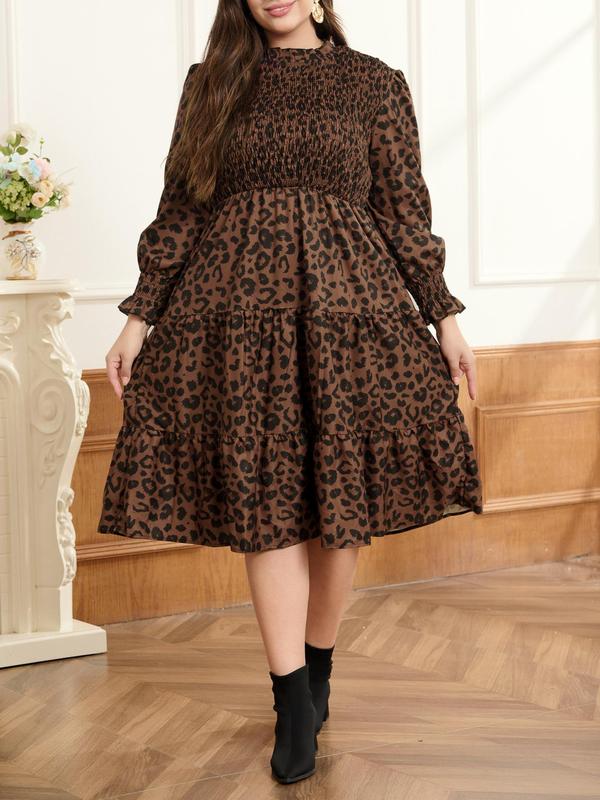 CURVZY Plus Size All Over Print Shirred Ruffle Hem Dress, Plus Casual Fashion Long Sleeve Dress for Daily Outdoor Wear, Women Plus Clothing for Spring & Fall 5