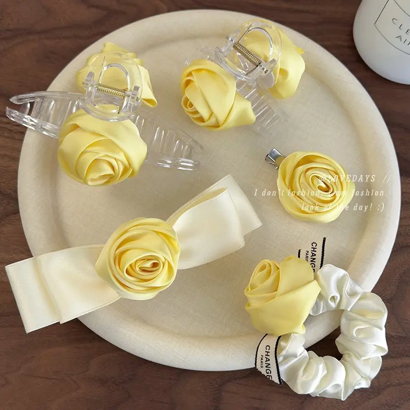 Handmade Three-Dimensional Yellow Rose Flower Hair Clip Classy Headdress