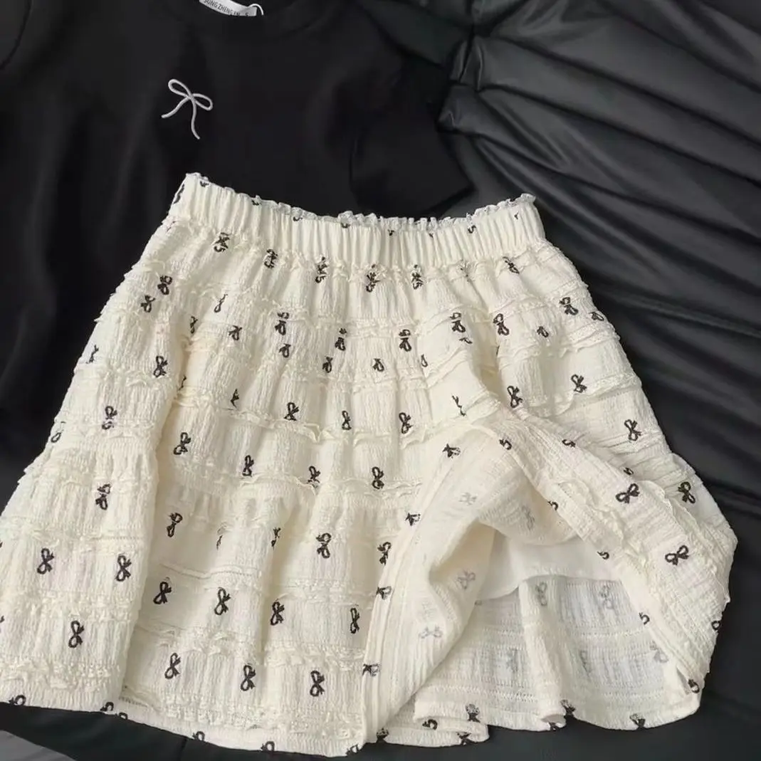 Korean Style Bow Print Lace Hollow-out Skirt Summer Small Age-Reducing Cake Dress Slimming A- line Skirt Womenswear Bottom Lingerie Lady Comfort