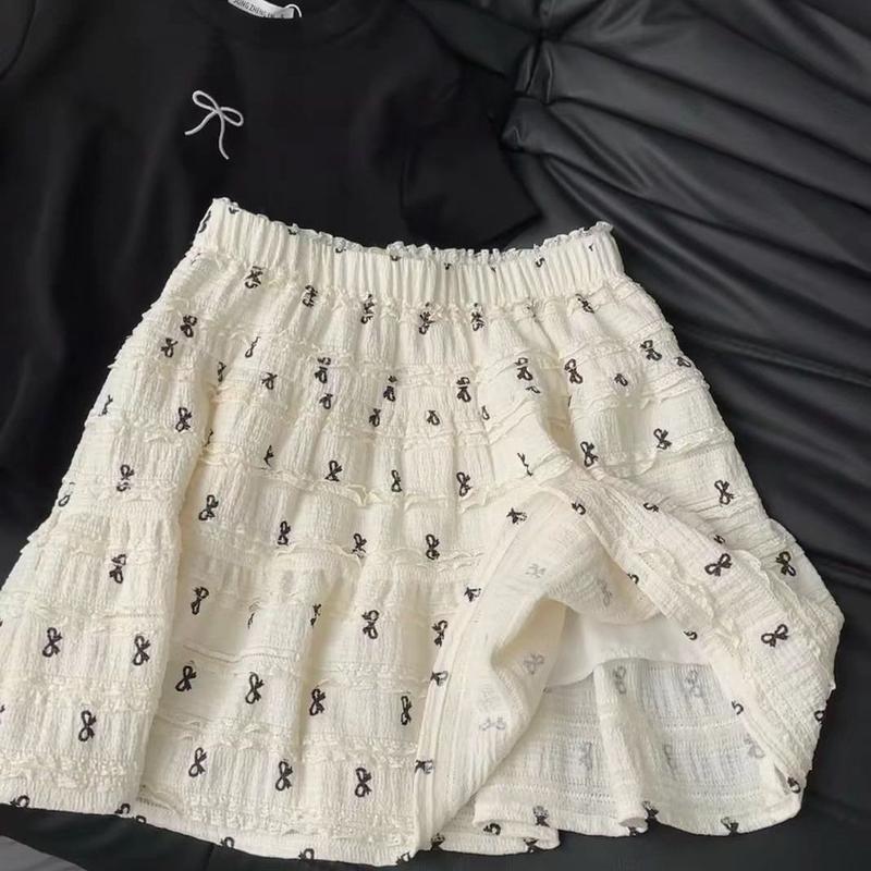Korean Style Bow Print Lace Hollow-out Skirt Summer Small Age-Reducing Cake Dress Slimming A- line Skirt Womenswear Bottom Lingerie Lady Comfort 0