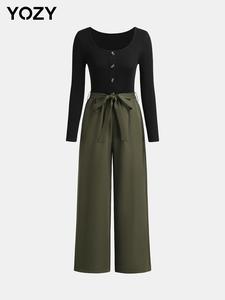 YOZY Women's Patchwork Button Belted Wide Leg Jumpsuit, Casual Pocket Long Sleeve Round Neck Jumpsuit for Spring & Fall, Women's Clothes for Daily Wear