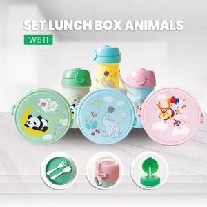 Lunch Box Set Bulat Anak, Tempat Makan Anak Sekolah inc Botol dan Sendok Varian 3 Karakter Lucu - W511
