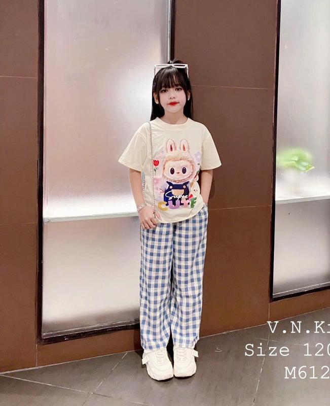 sét bộ đồ bé gái quần dài áo thun labubu (HỌA TIẾT QUẦN Ô VUÔNG)chất vải cotton size 9-45kg yến 8585