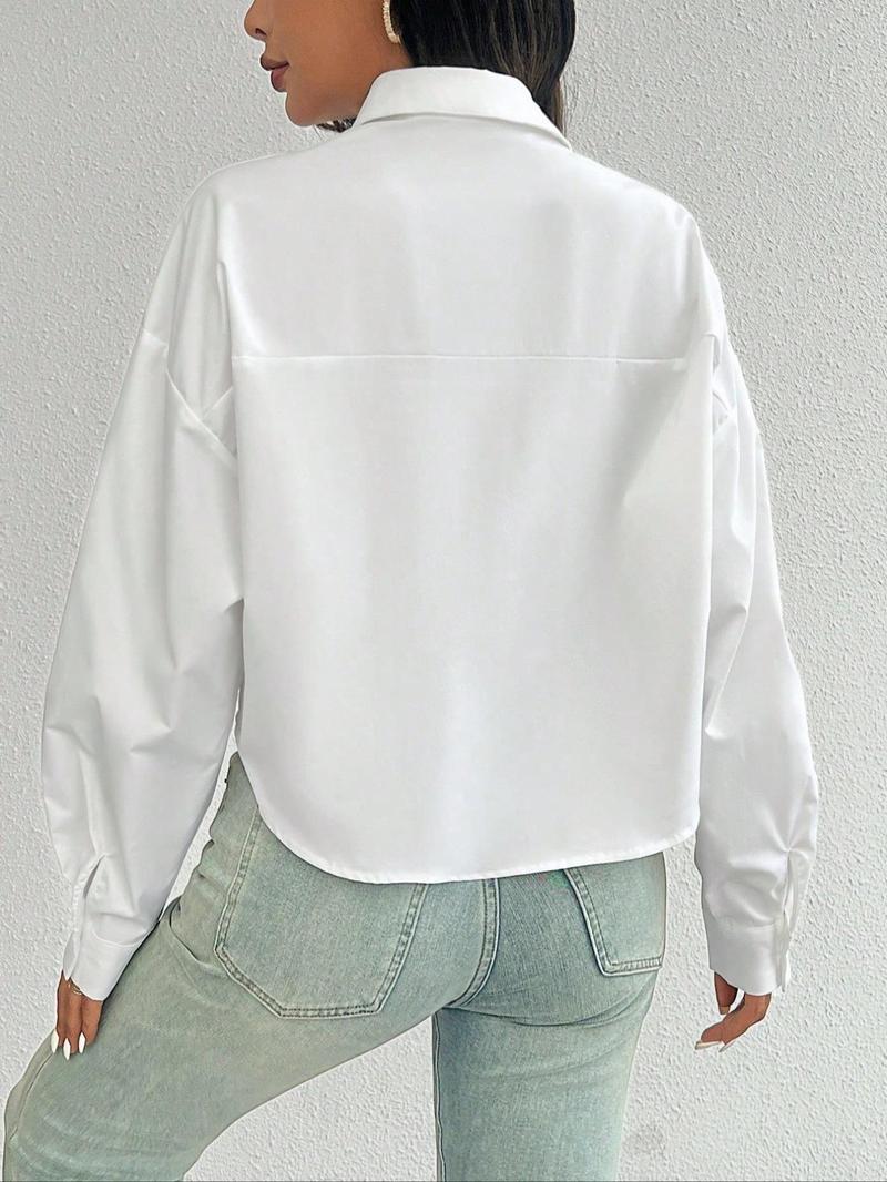 Product Introduction of Women's Plain Pocket Long Sleeve Shirt, Casual Classy Collared Top for Daily Wear, Ladies Clothes for All Seasons 2