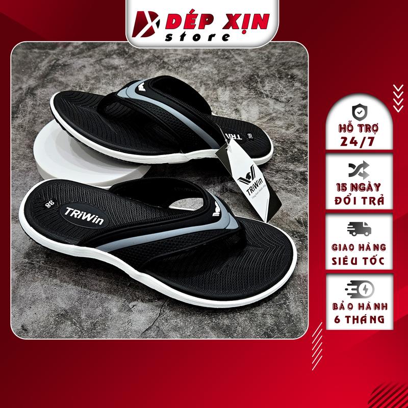 Dép Kẹp Nam Cao Cấp Triwin Quai Nhựa Mềm Đế Cao Su Chống Trơn Đen Sọc Xám depkep DéP Đế Bằng Đồng Hoa GiàY Quai Hậu xỏ ngón dibien