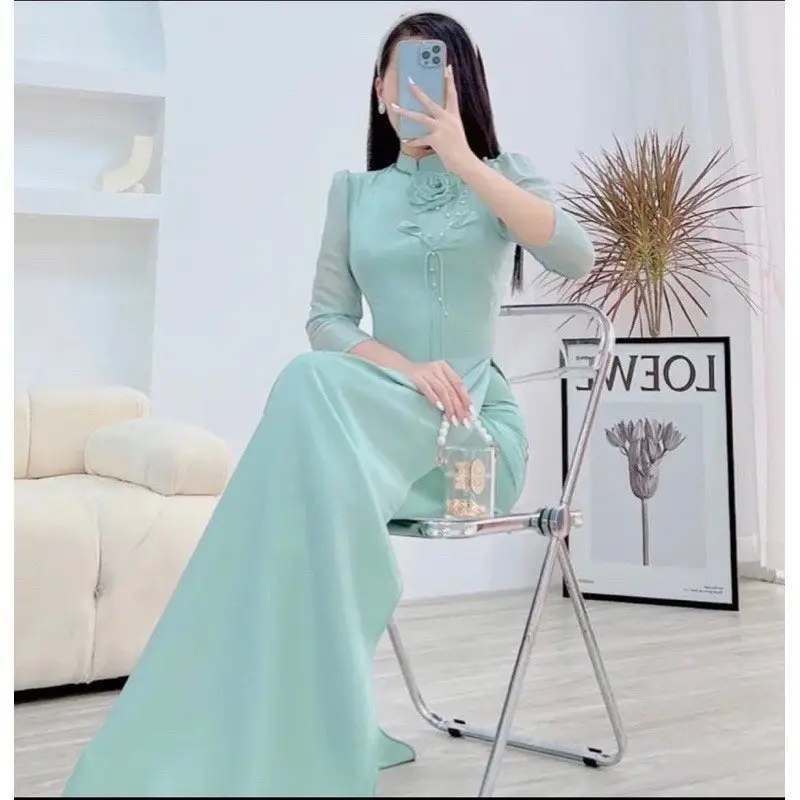 Áo dài An An - Áo dài cách tân đính hoa tay bồng. Phù hợp đi dạy học, lễ tết, chụp hình… Nữ Women Voan Dress Voi Sen Màu Hồng đen đính nơ cúc 4 tà Hoa Sen 1