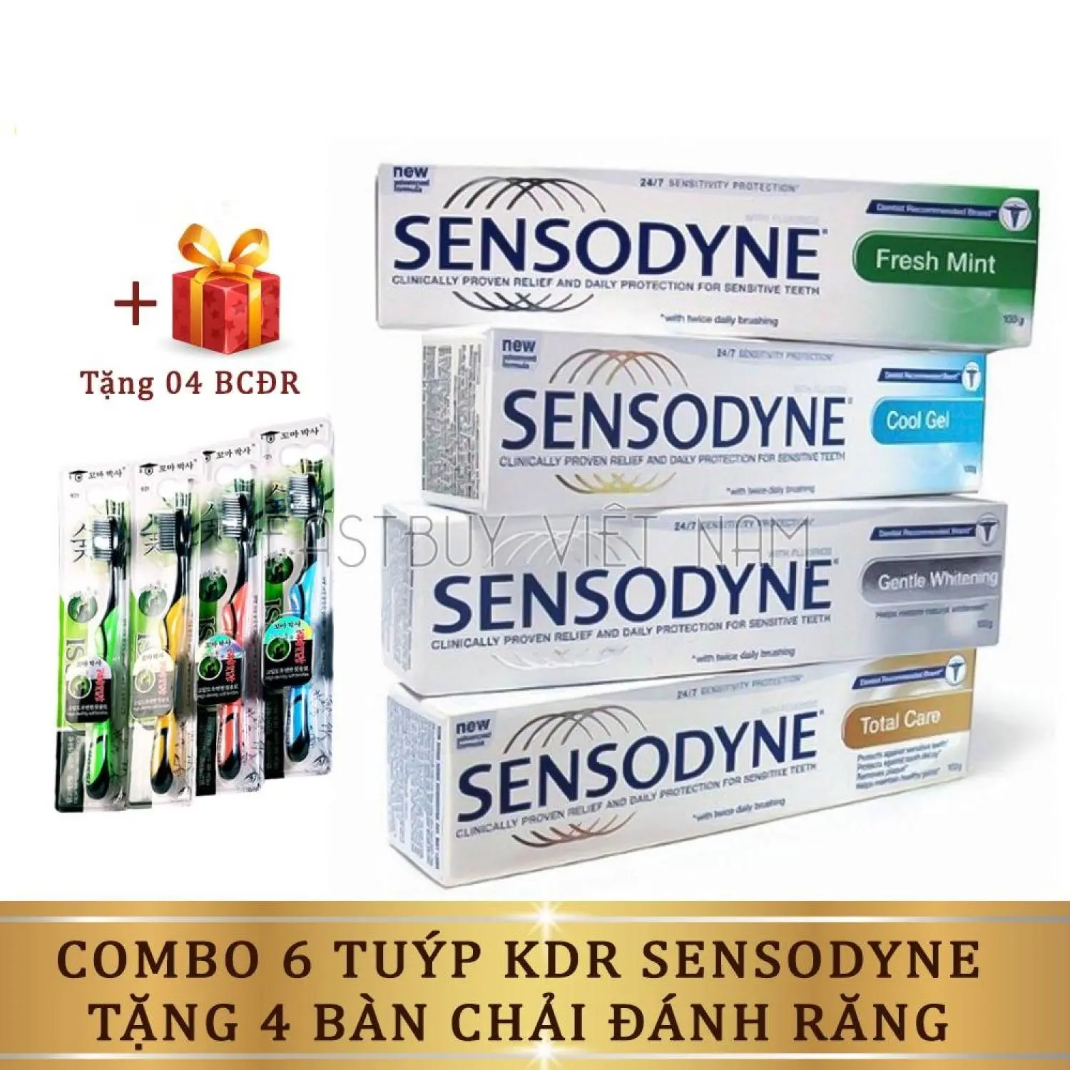Combo 6 hộp kem đánh răng sensodyne giúp trắng răng hương thơm mát giảm ê buốt + Tặng 3 bàn chải đánh răng than hoạt tính