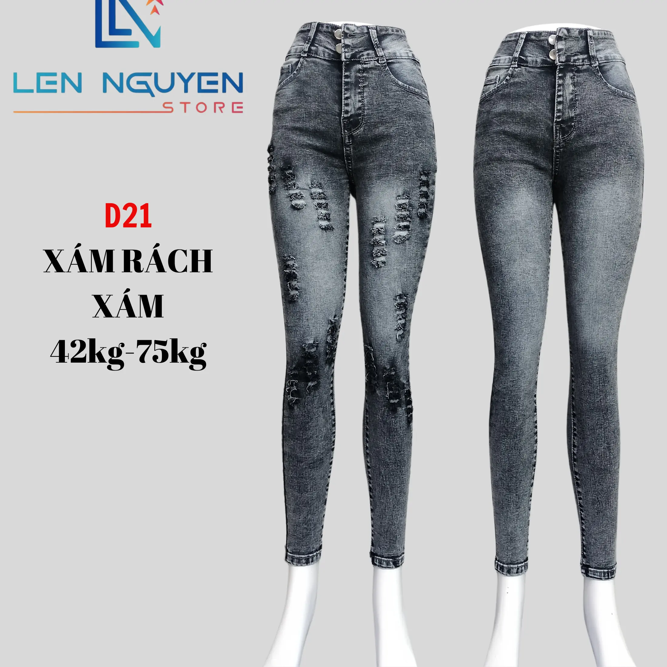2.D21 [ Lên Nguyễn Store ] Quần Jean (Bò) Nữ Dài Dài 95-97cm, Size 42kg-75kg, Thiết Kế Thêu, Màu Xám, Xanh, Lưng Cao 2 Nút, Ống Ôm, Co Giãn, Mền Mịn, Bigsize, Hotgirl, Mang Phong Cách Năng Động, Trẻ Trung, Tự Tin, Dễ Phối Đồ, Skinny. Women