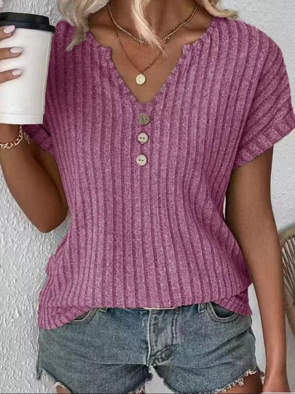 Women's Plain Button Decor Notched Neck Tee, Elegant Casual Fashion Short Sleeve Ribbed T-shirt for Summer, Ladies Clothes for Daily Wear, Womenswear 7